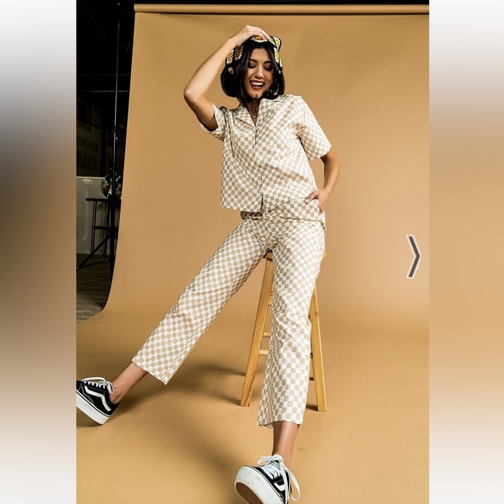 Dressed in LALA She’s Golden Checkered Matching Set in Linen Blend